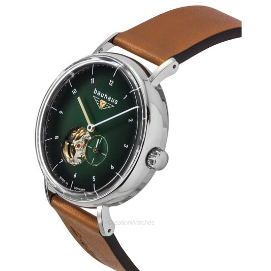 Bauhaus Classic Leather Strap Dark Green Open Heart Dial Automatic 21664 Men's Watch